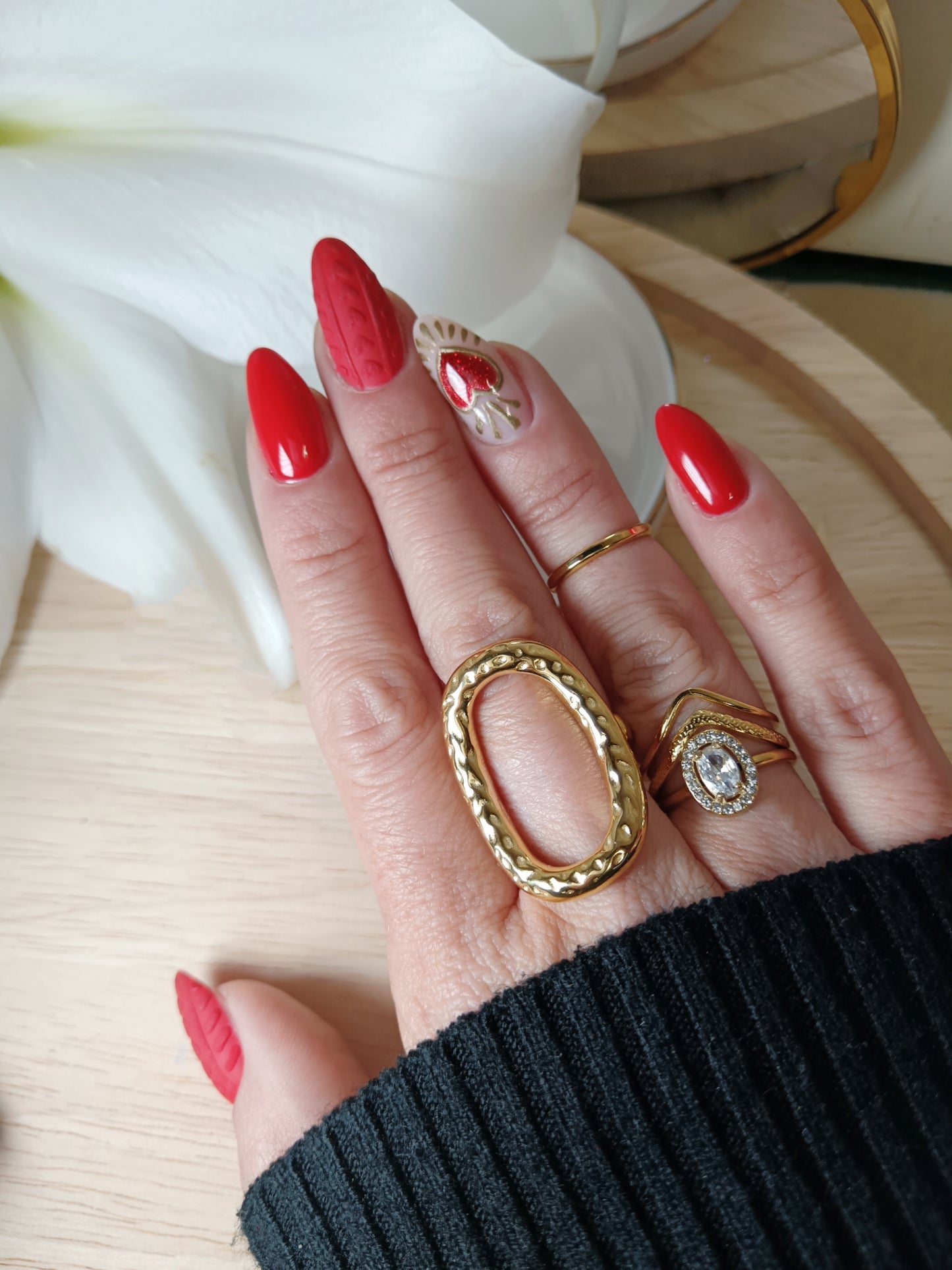 Bague ovale martelé doré Acier inoxydable