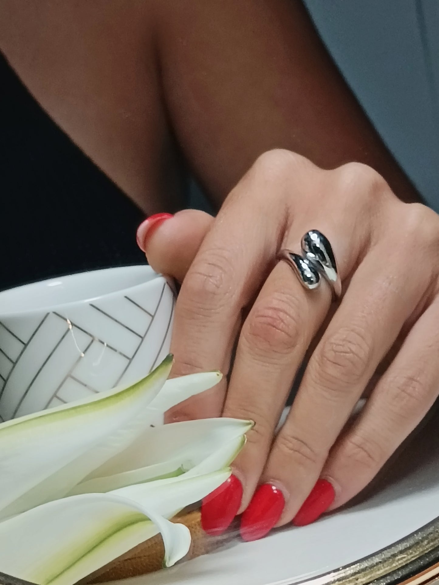 Bague double goutte réglable acier inoxydable argent