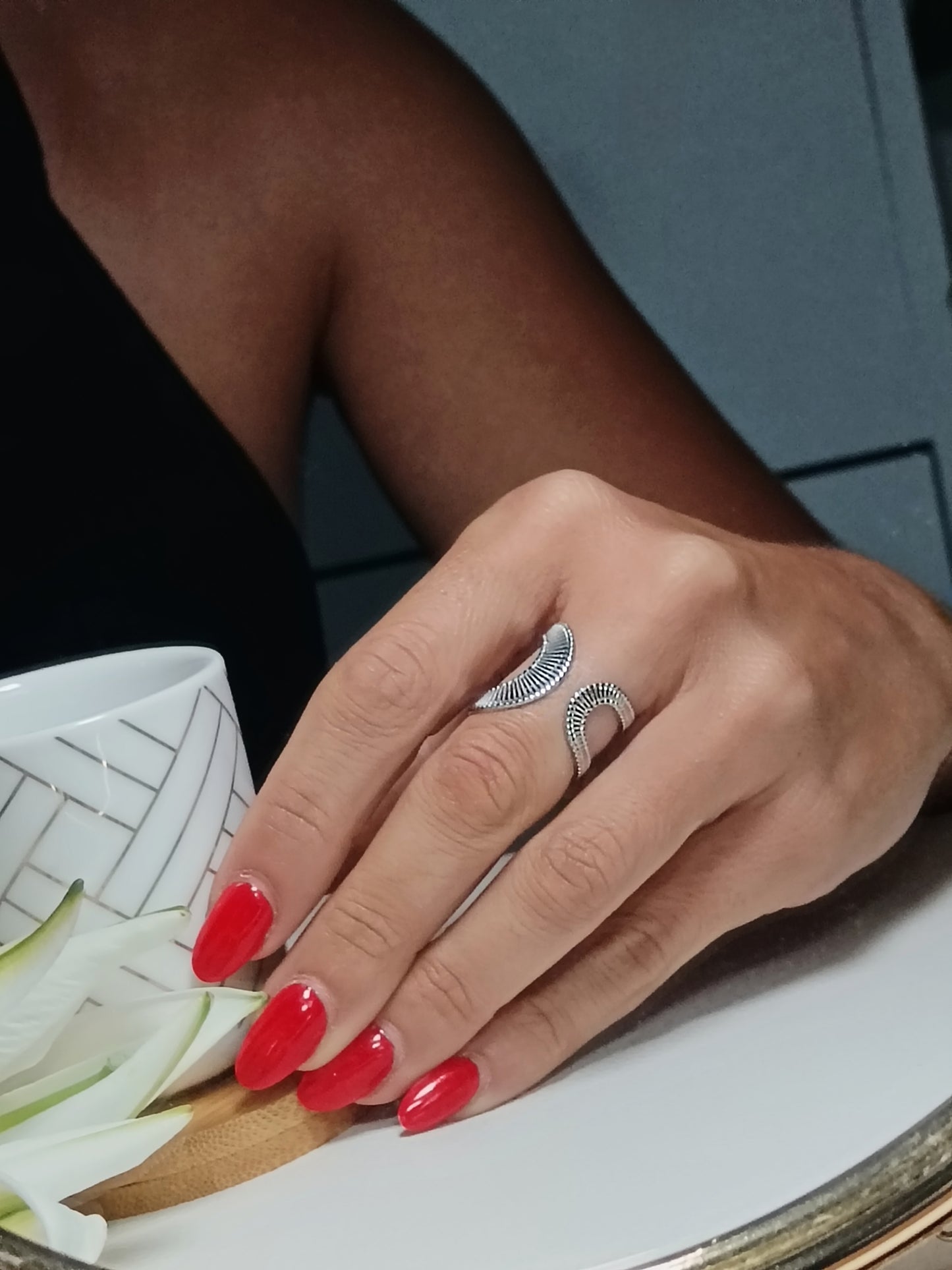 Bague ouverte réglable en acier inoxydable argent striée