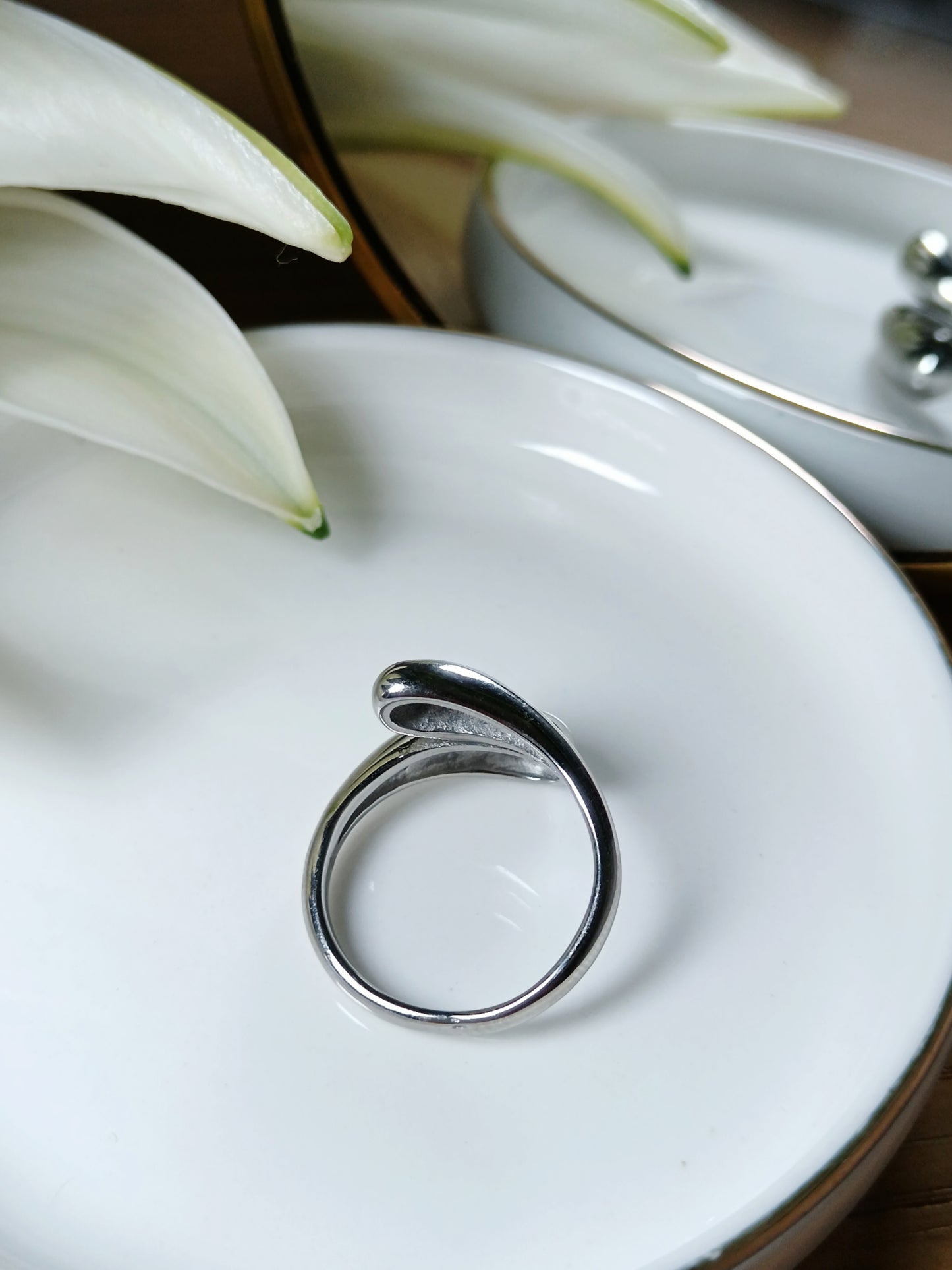 Bague double goutte réglable acier inoxydable argent