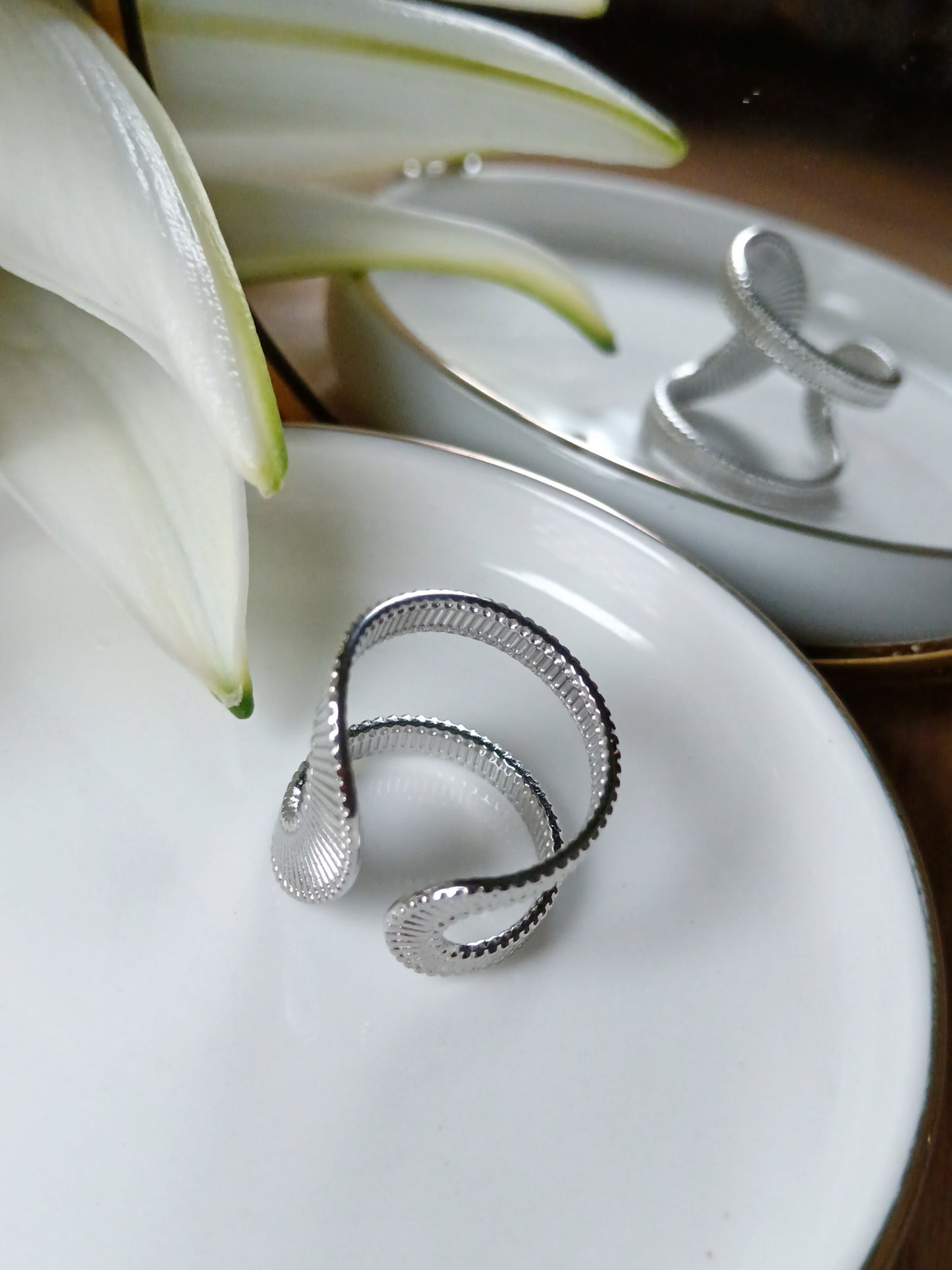 Bague ouverte réglable en acier inoxydable argent striée