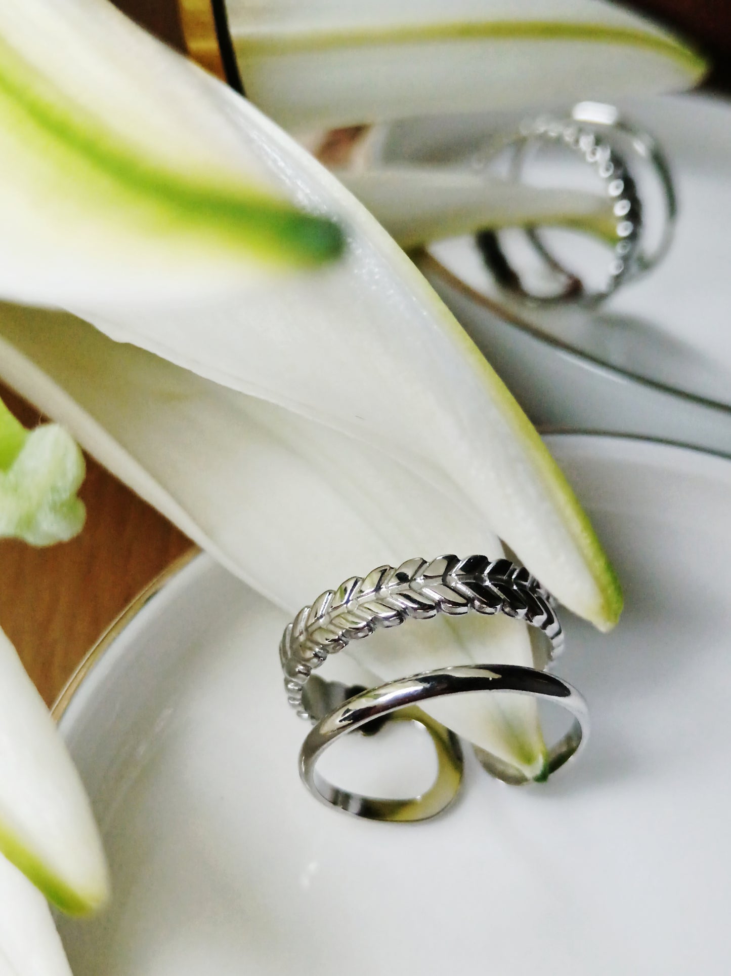 Bague double rangs tresse en acier inoxydable argent réglable
