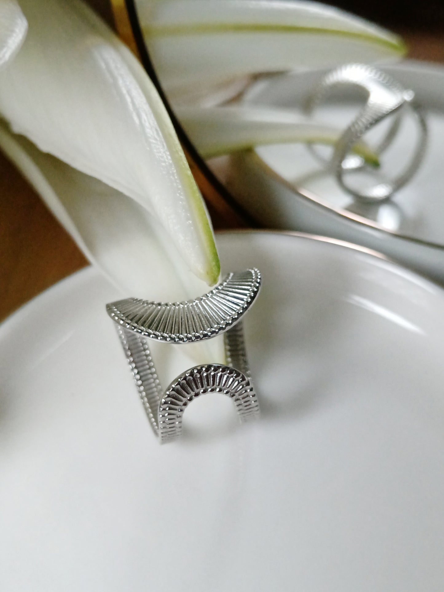 Bague ouverte réglable en acier inoxydable argent striée