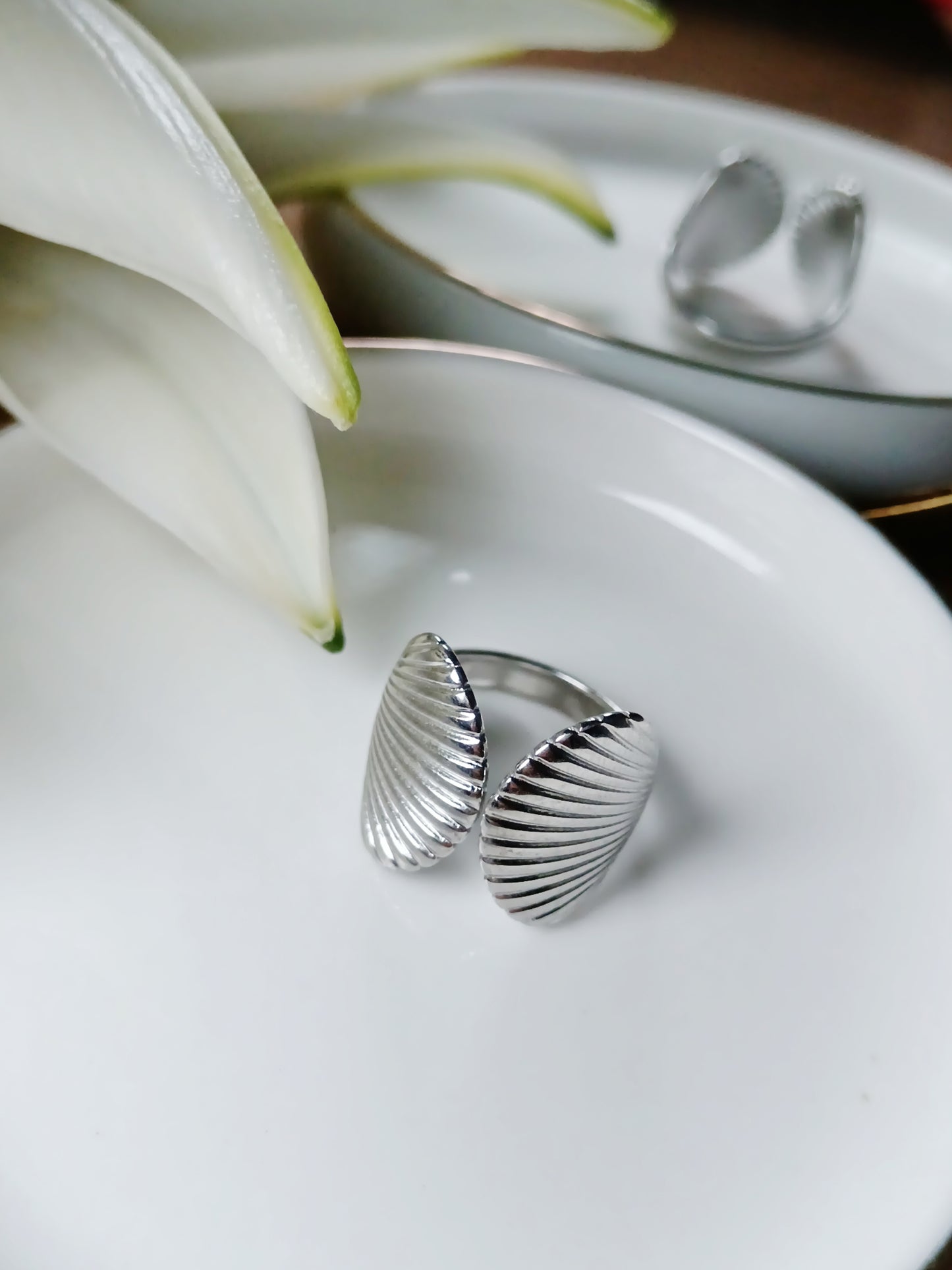 Bague double coquillage acier inoxydable argent réglable