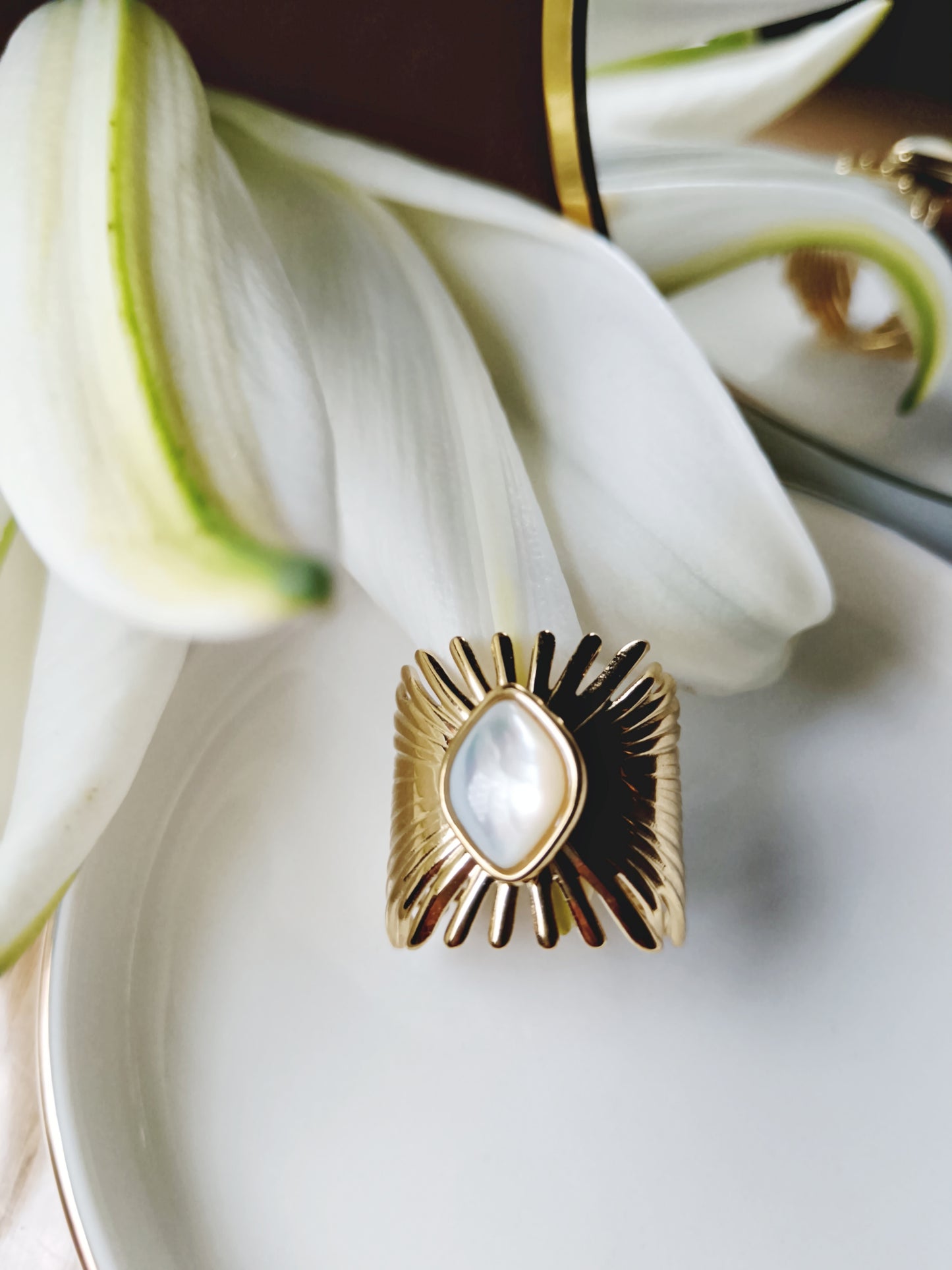 Bague travaillée style feuille plume en acier inoxydable doré et nacre réglable Ajustable
