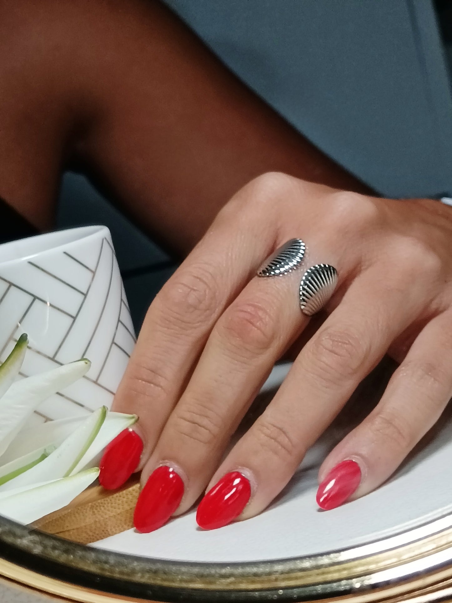 Bague double coquillage acier inoxydable argent réglable