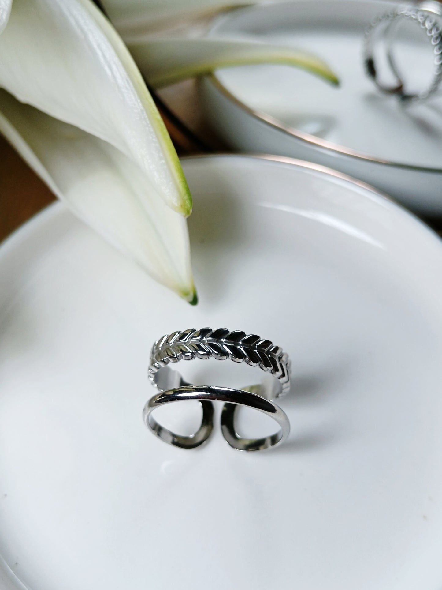 Bague double rangs tresse en acier inoxydable argent réglable