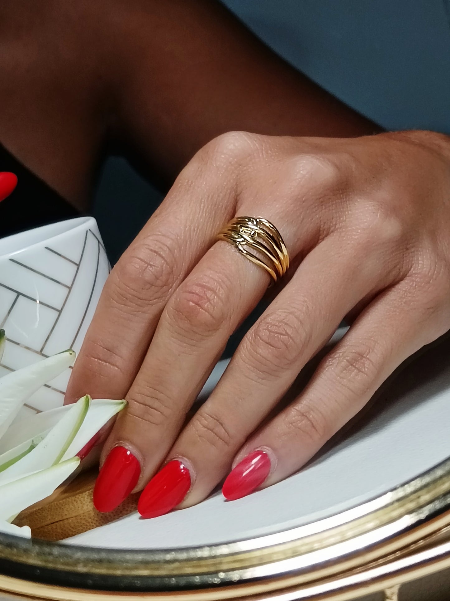 Bague lignes croisées en acier inoxydable doré réglable
