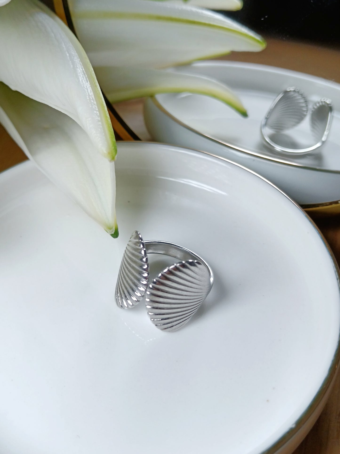 Bague double coquillage acier inoxydable argent réglable