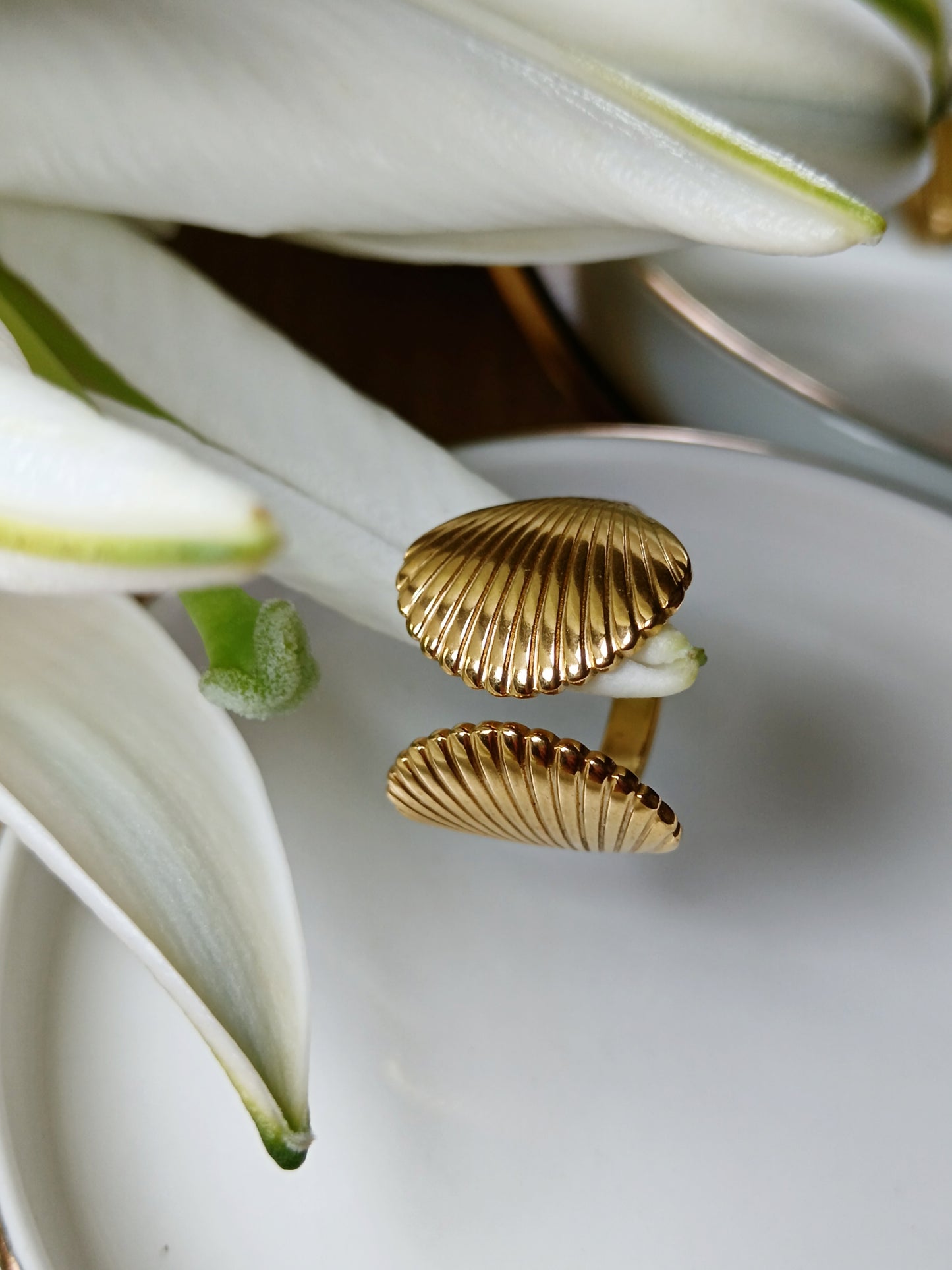 Bague double coquillage acier inoxydable doré réglable