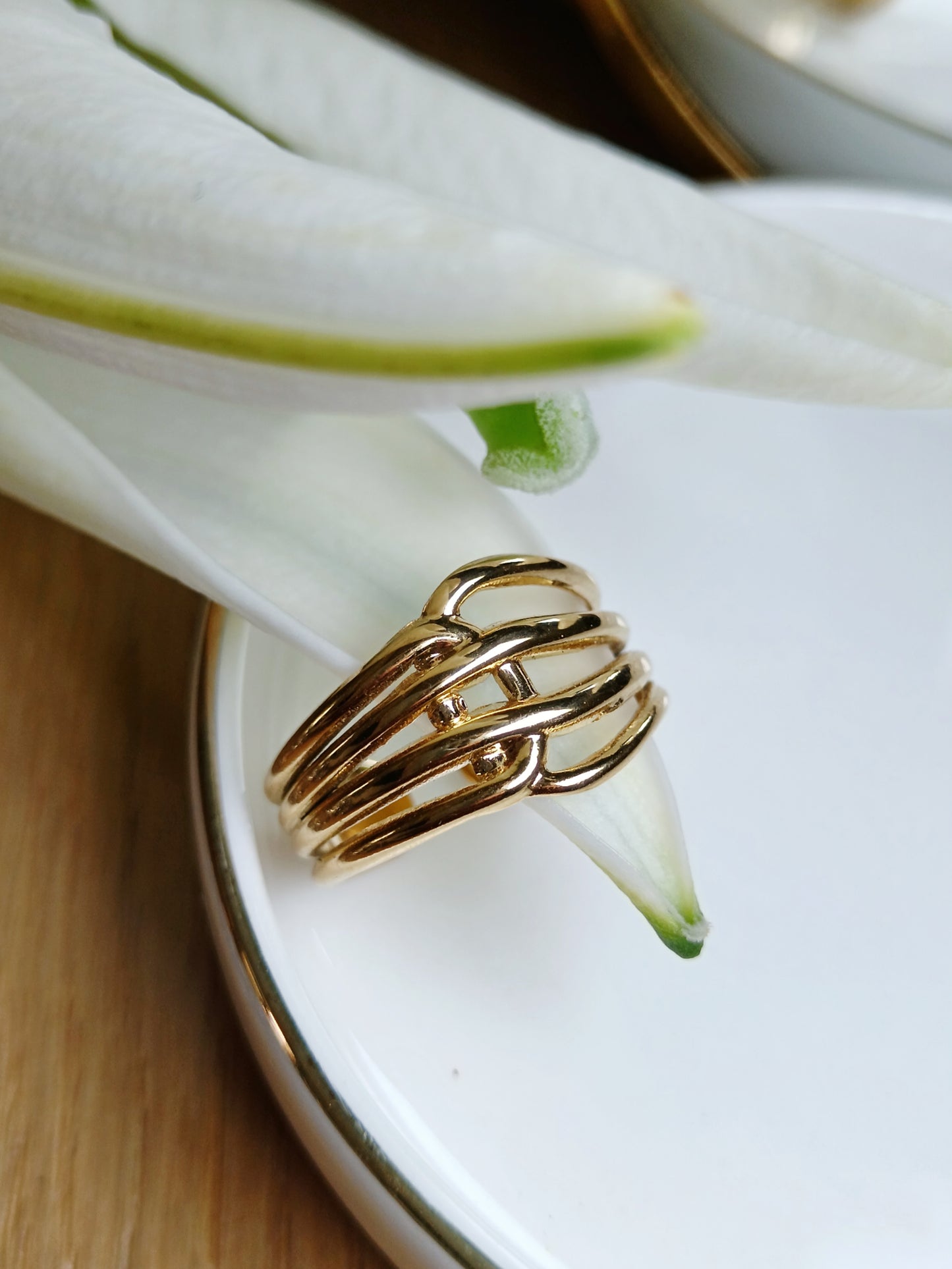 Bague lignes croisées en acier inoxydable doré réglable