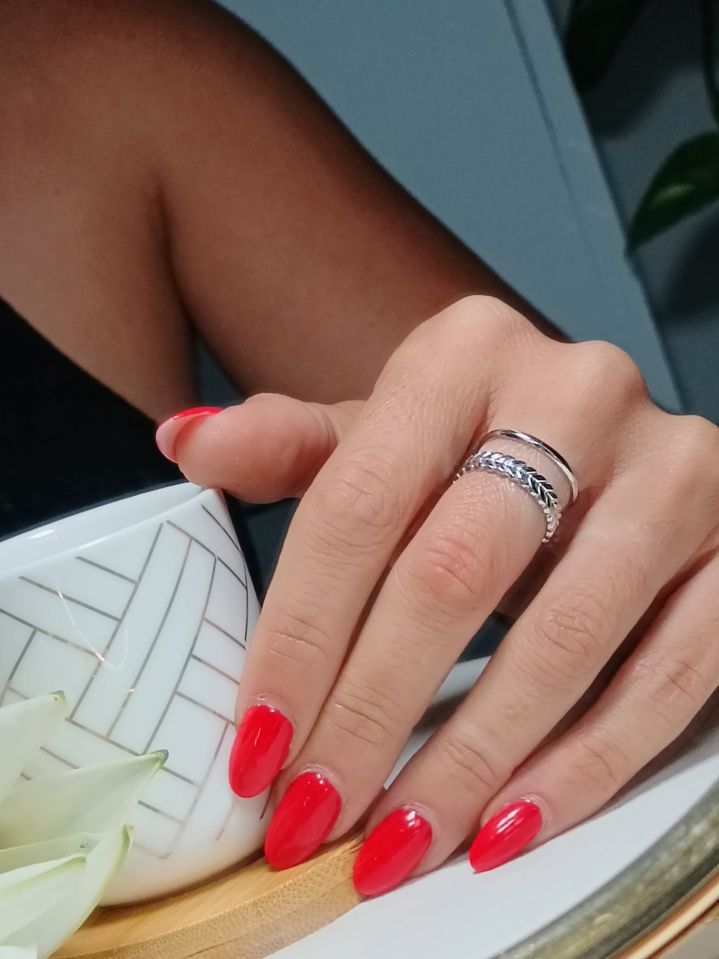 Bague double rangs tresse en acier inoxydable argent réglable