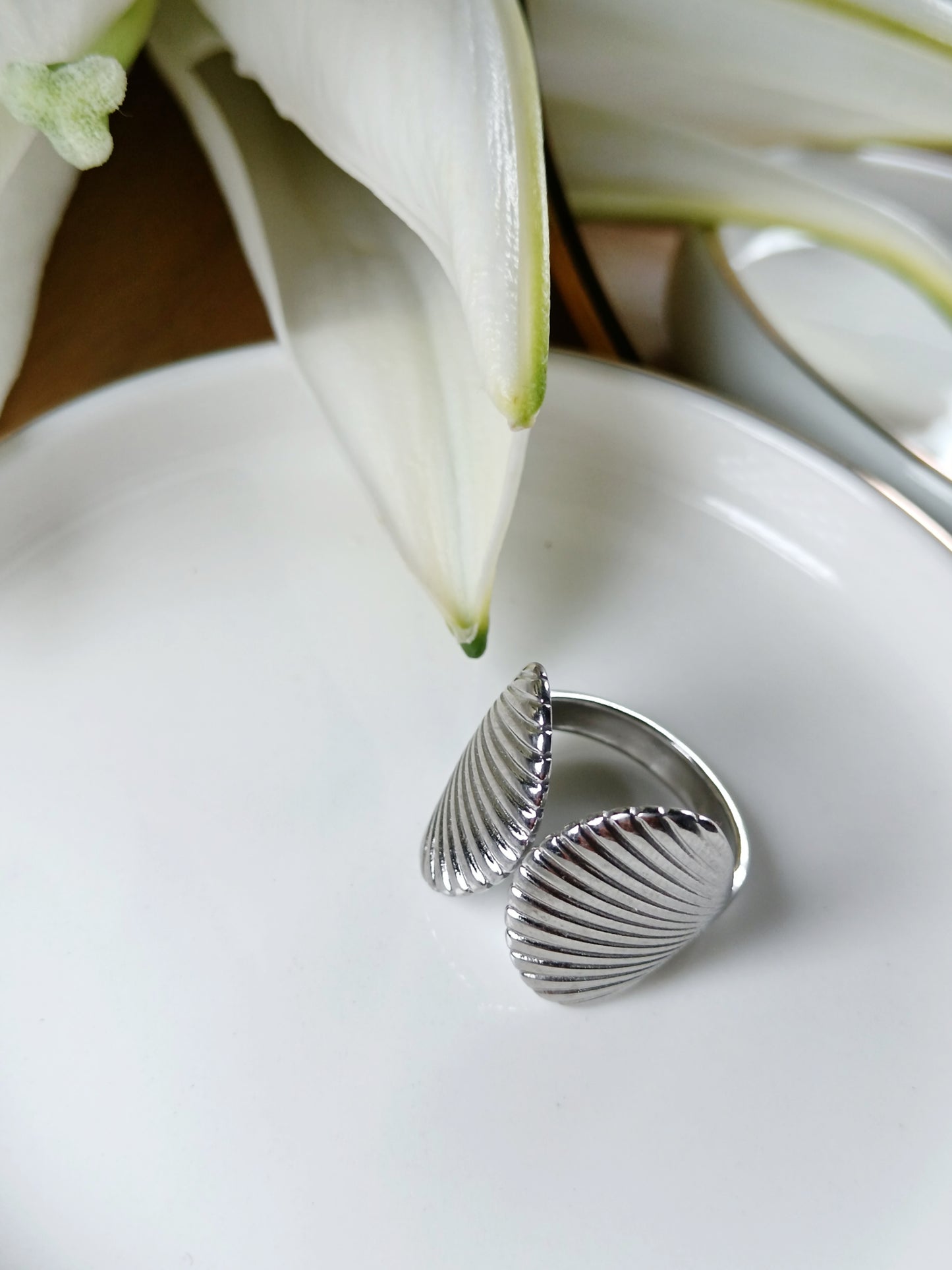 Bague double coquillage acier inoxydable argent réglable