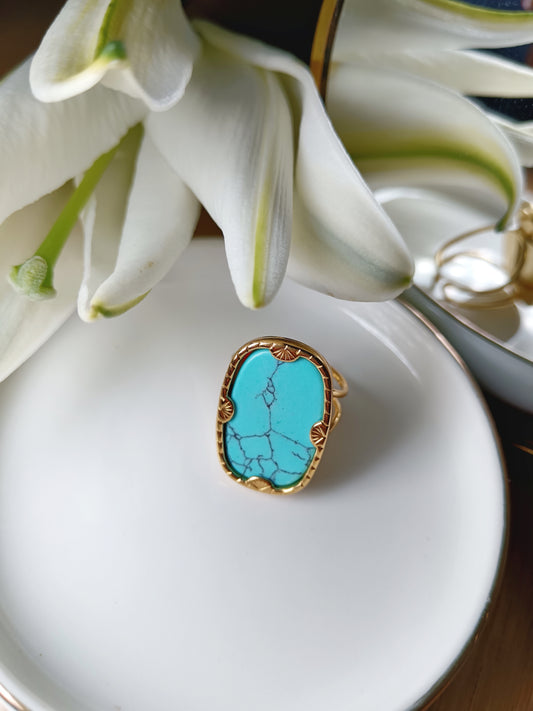 Bague rectangulaire rectangle avec turquoise naturelle monté sur acier inoxydable réglable Ajustable 