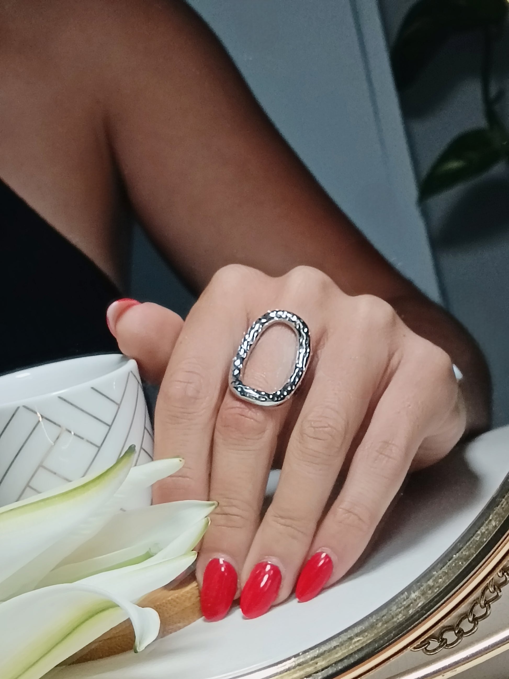 Bague ovale martelé argent Acier inoxydable