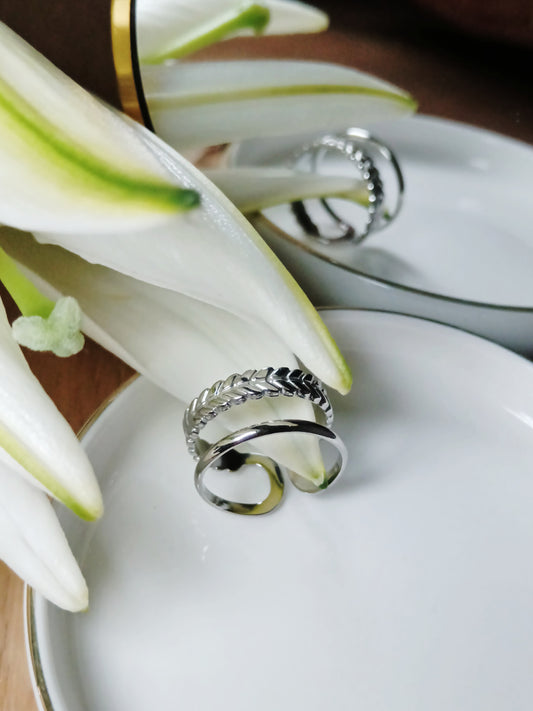 Bague double rangs tresse en acier inoxydable argent réglable 