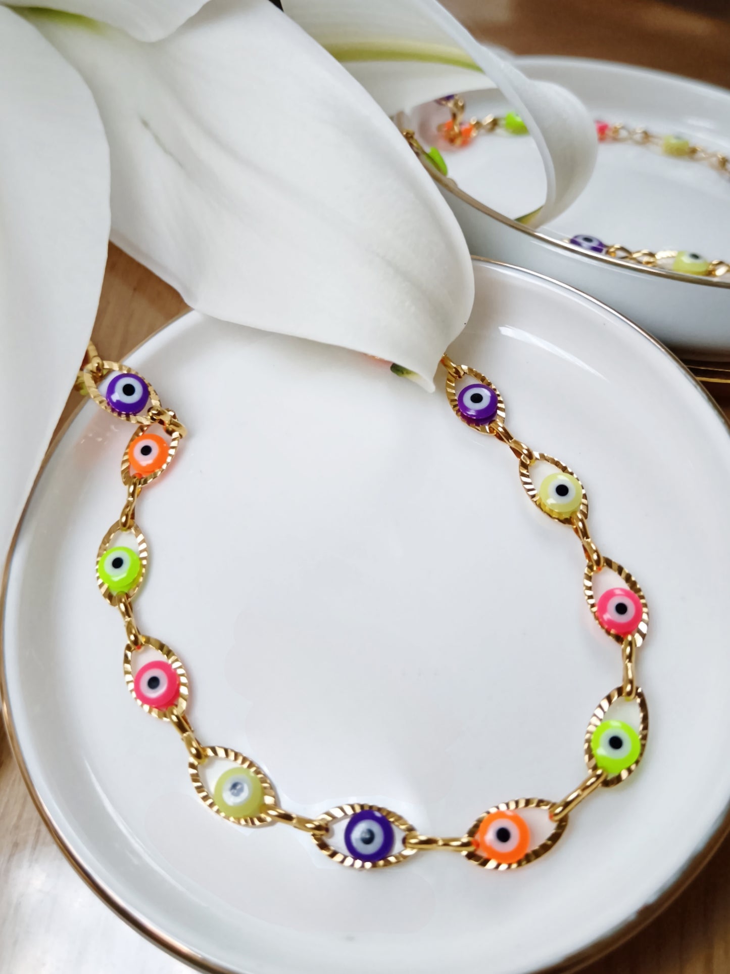 Collier Chaîne œil multicolore en acier inoxydable doré