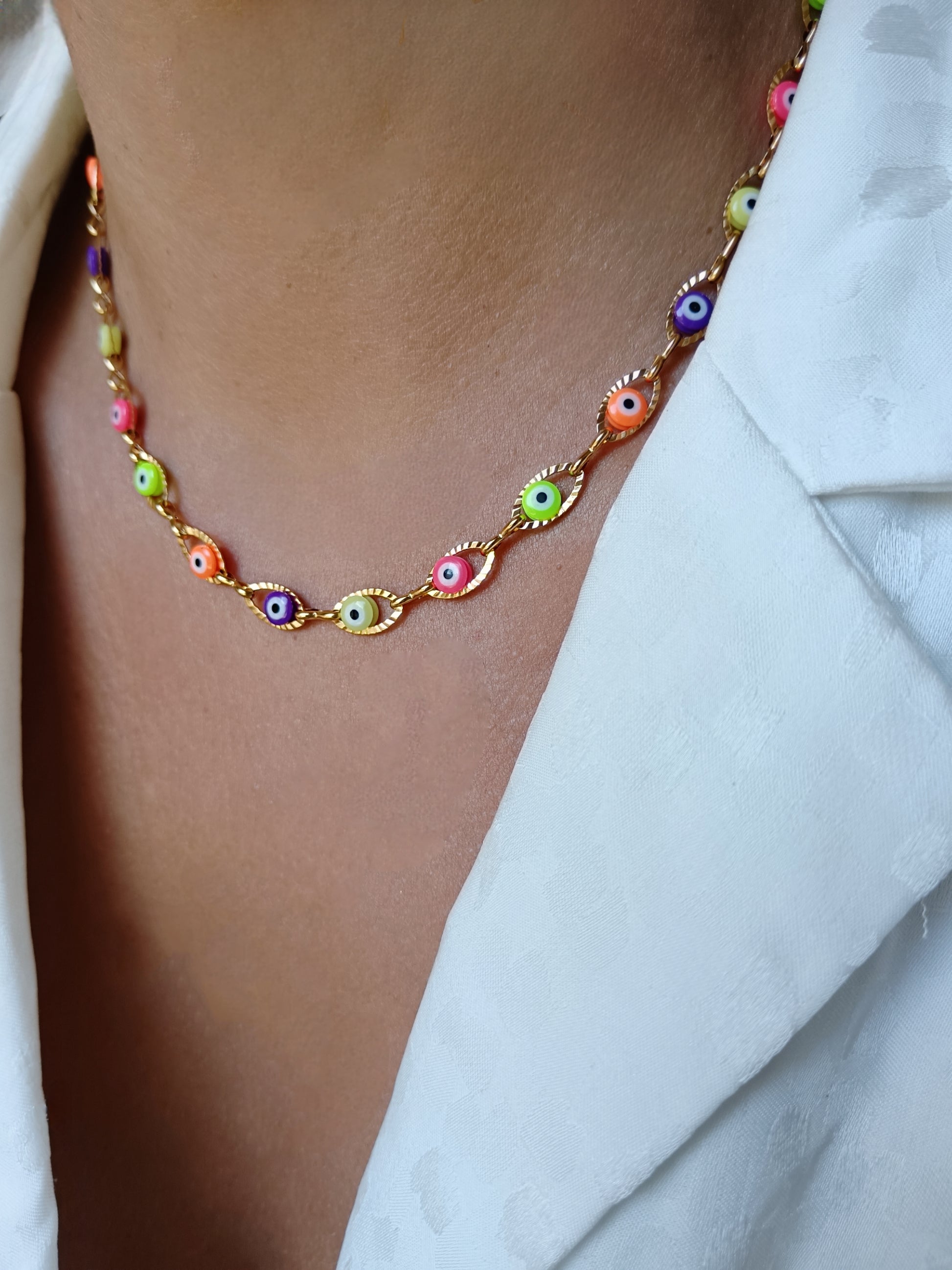 Collier Chaîne œil multicolore en acier inoxydable doré