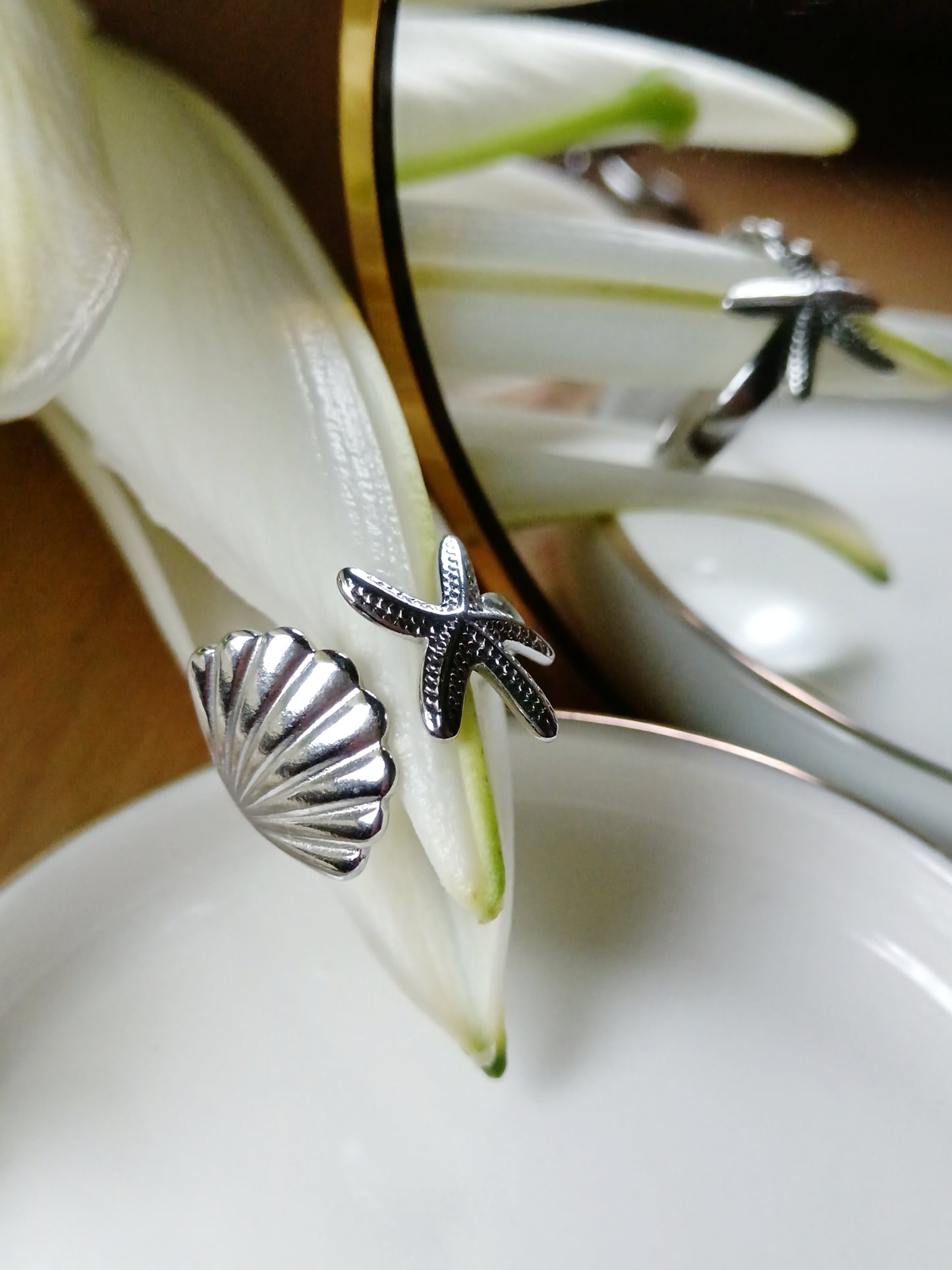 Bague argent en acier inoxydable étoile de mer et coquillage 