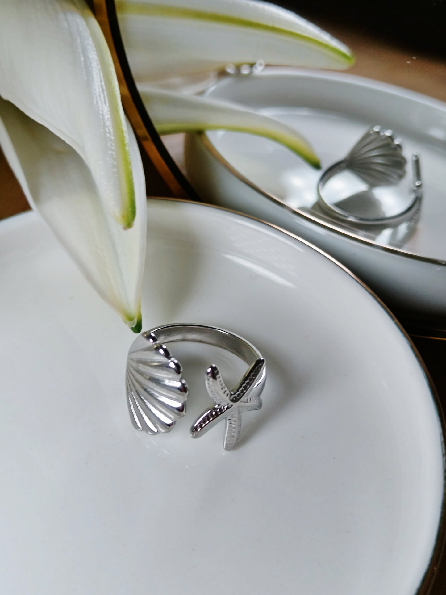 Bague argent en acier inoxydable étoile de mer et coquillage 