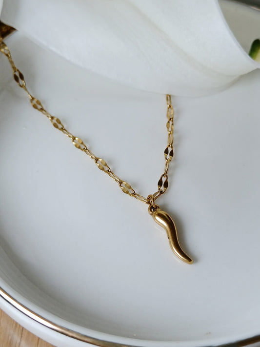Collier cornicello piment porte bohneur en acier inoxydable doré 
