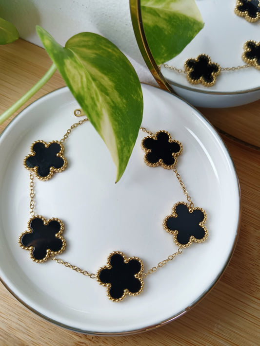 Bracelet trèfles fleurs noir