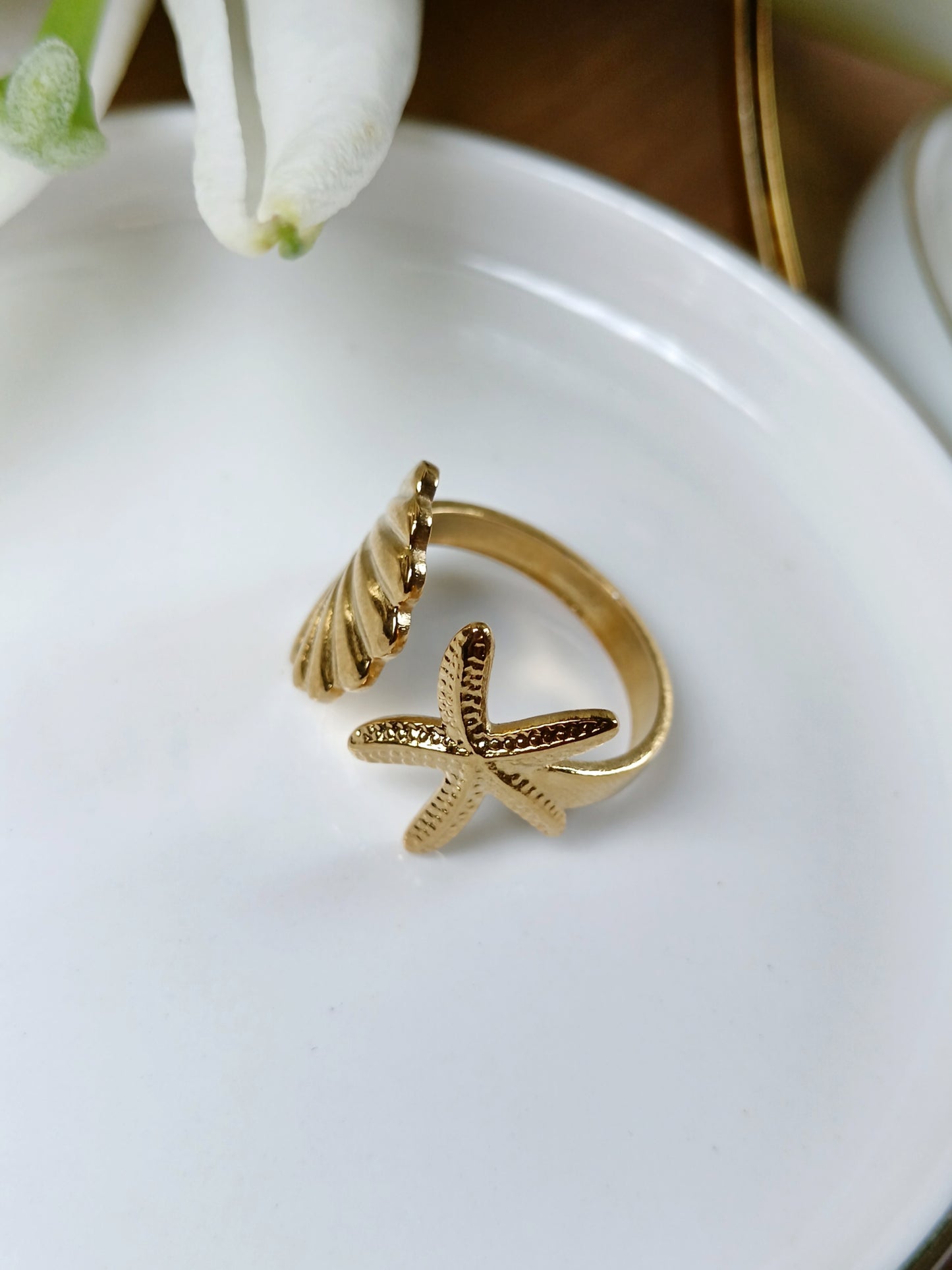 Bague étoile de mer coquillage acier inoxydable doré 