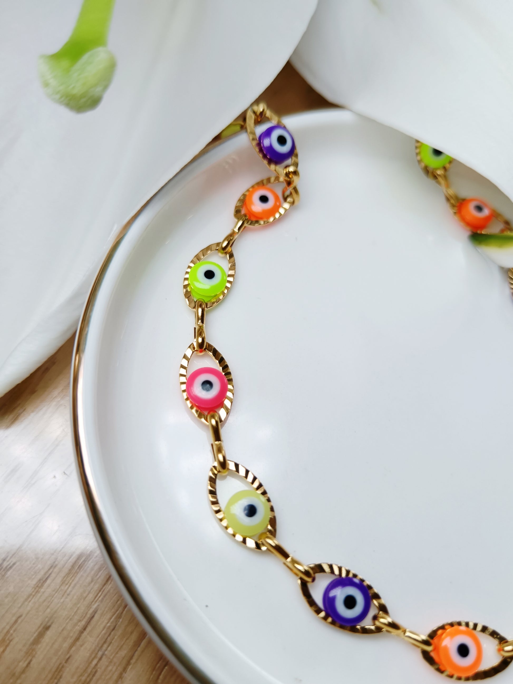 Collier Chaîne œil multicolore en acier inoxydable doré