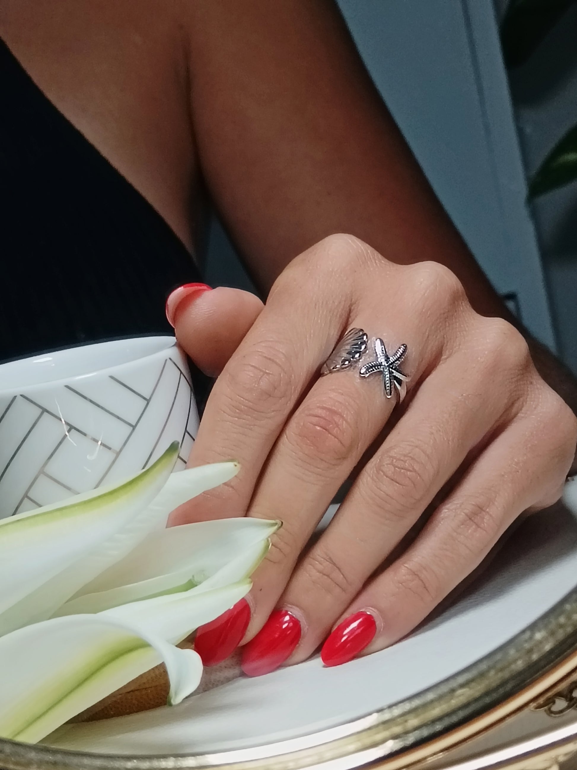 Bague argent en acier inoxydable étoile de mer et coquillage