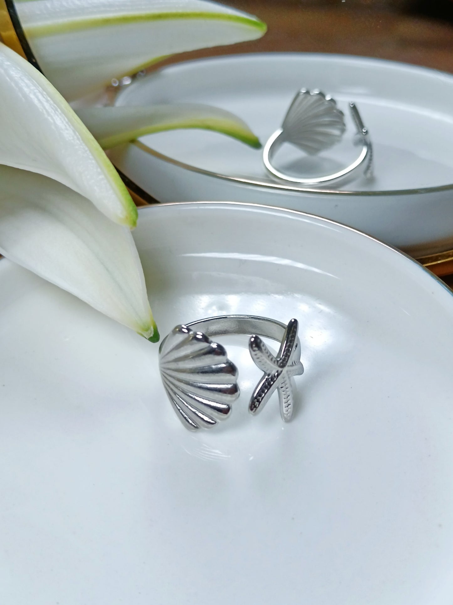 Bague argent en acier inoxydable étoile de mer et coquillage 