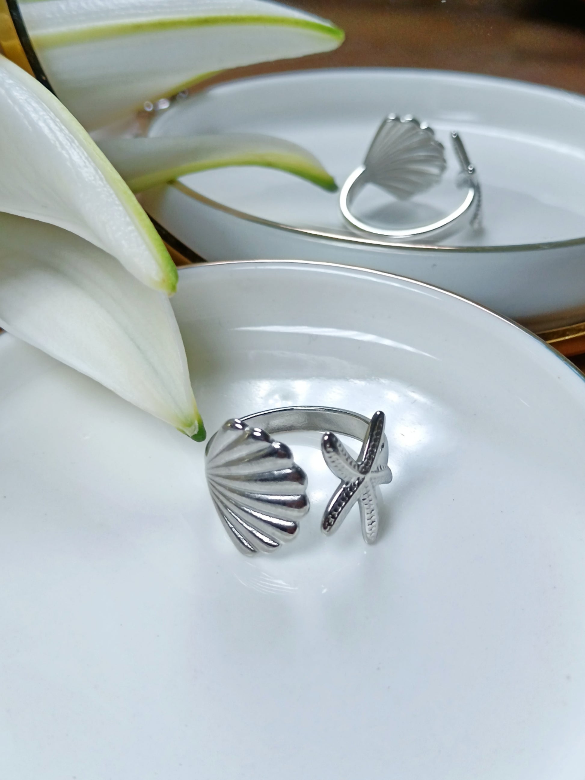 Bague argent en acier inoxydable étoile de mer et coquillage 