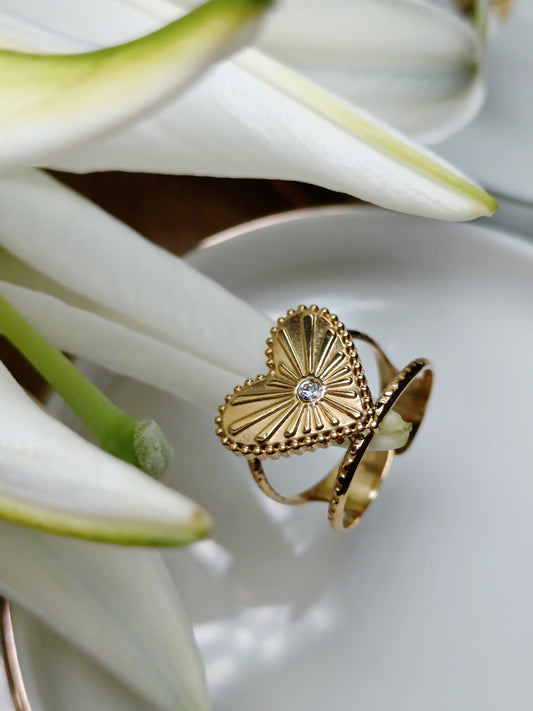 Bague cœur travaillé strass diamant en acier inoxydable doré 