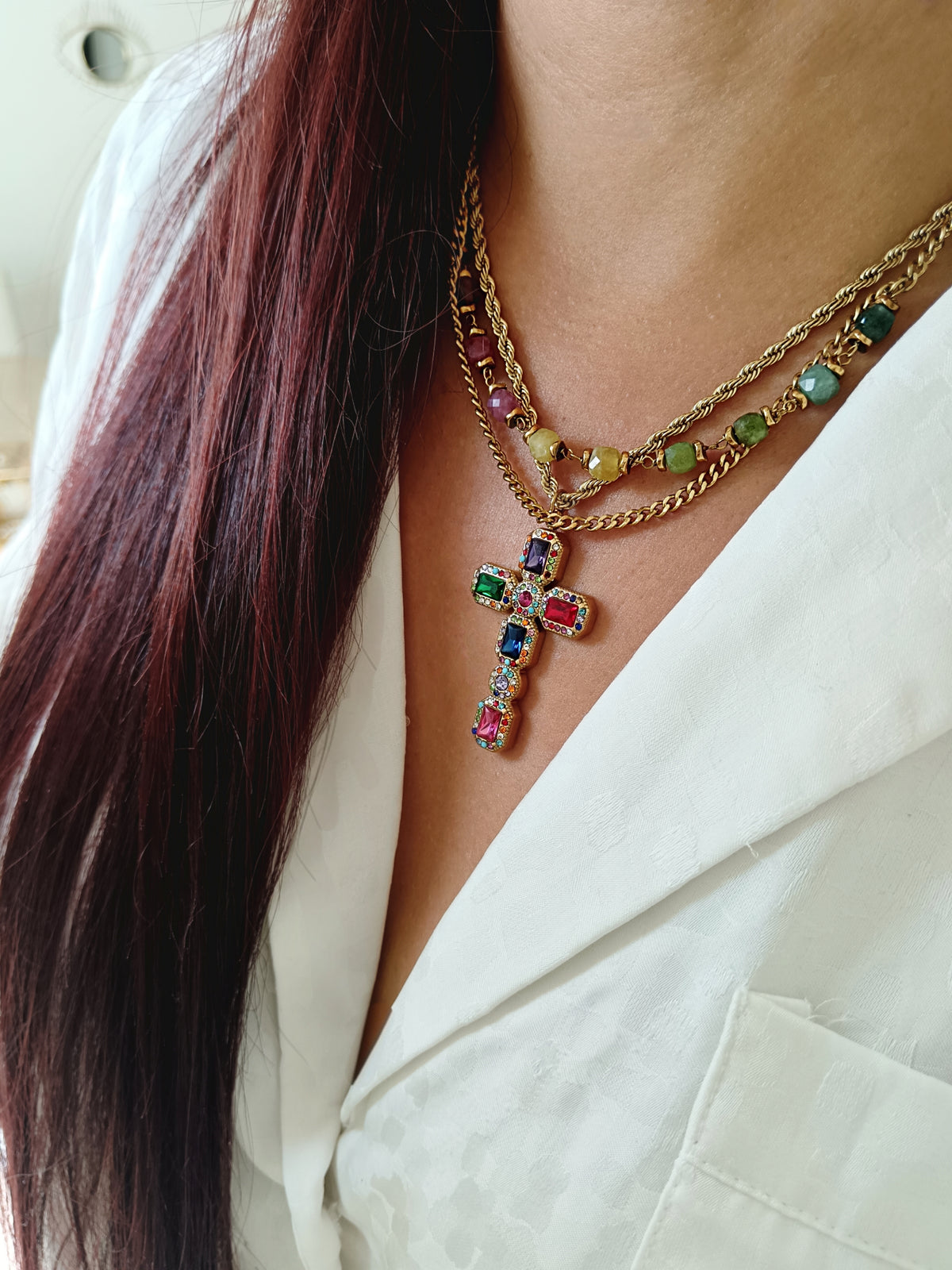 Collier croix multicolore grand modèle