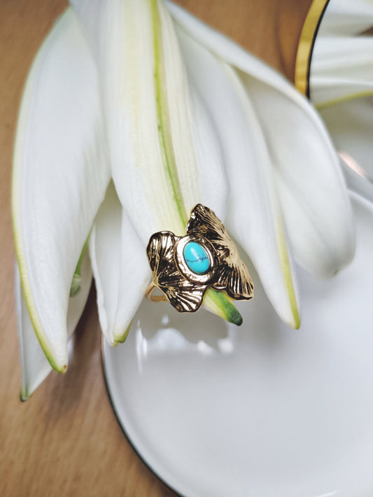 Bague feuille de ginkgo et pierre de turquoise naturelle en acier inoxydable doré réglable Ajustable 