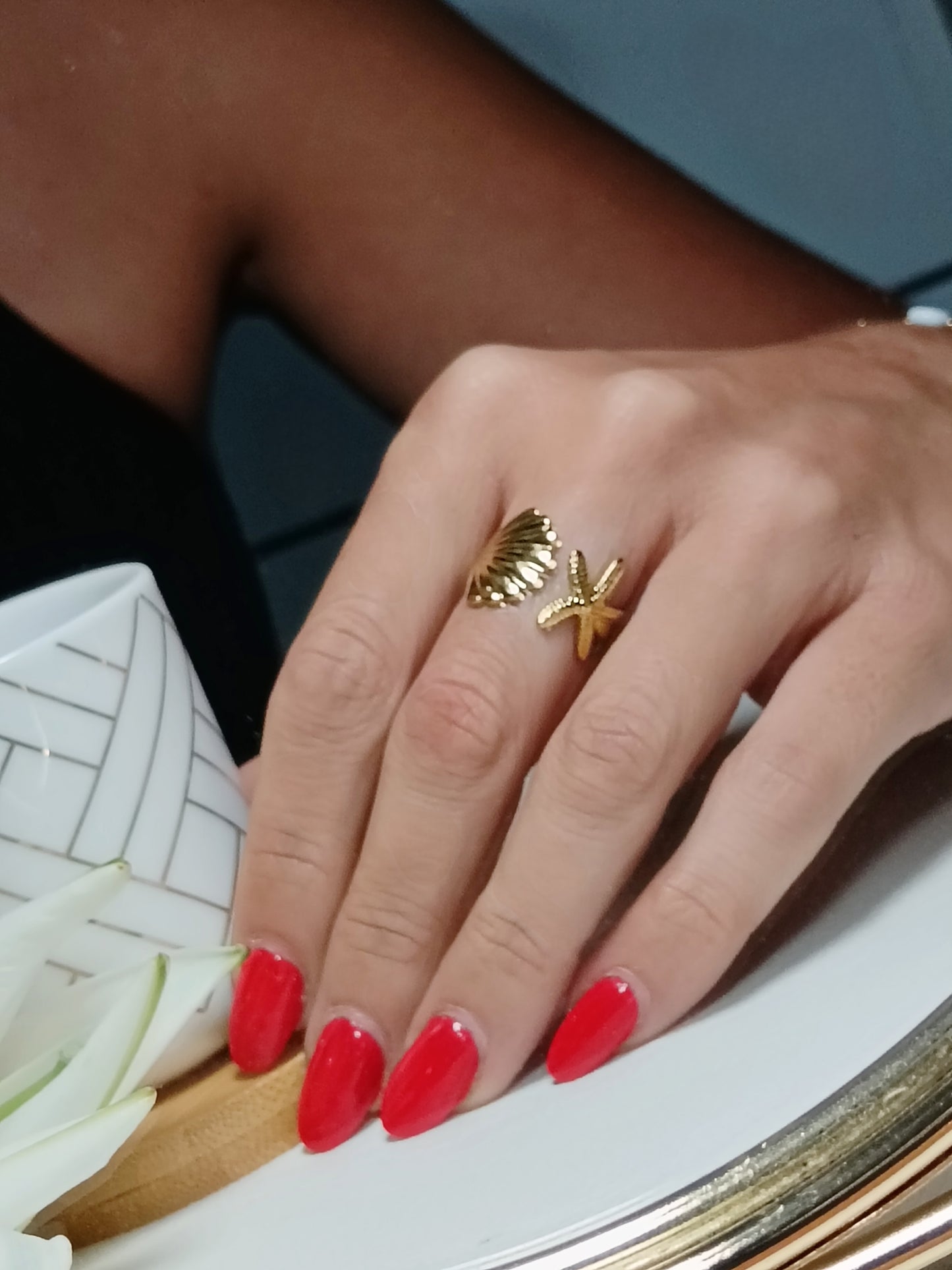 Bague doré en acier inoxydable étoile de mer et coquillage