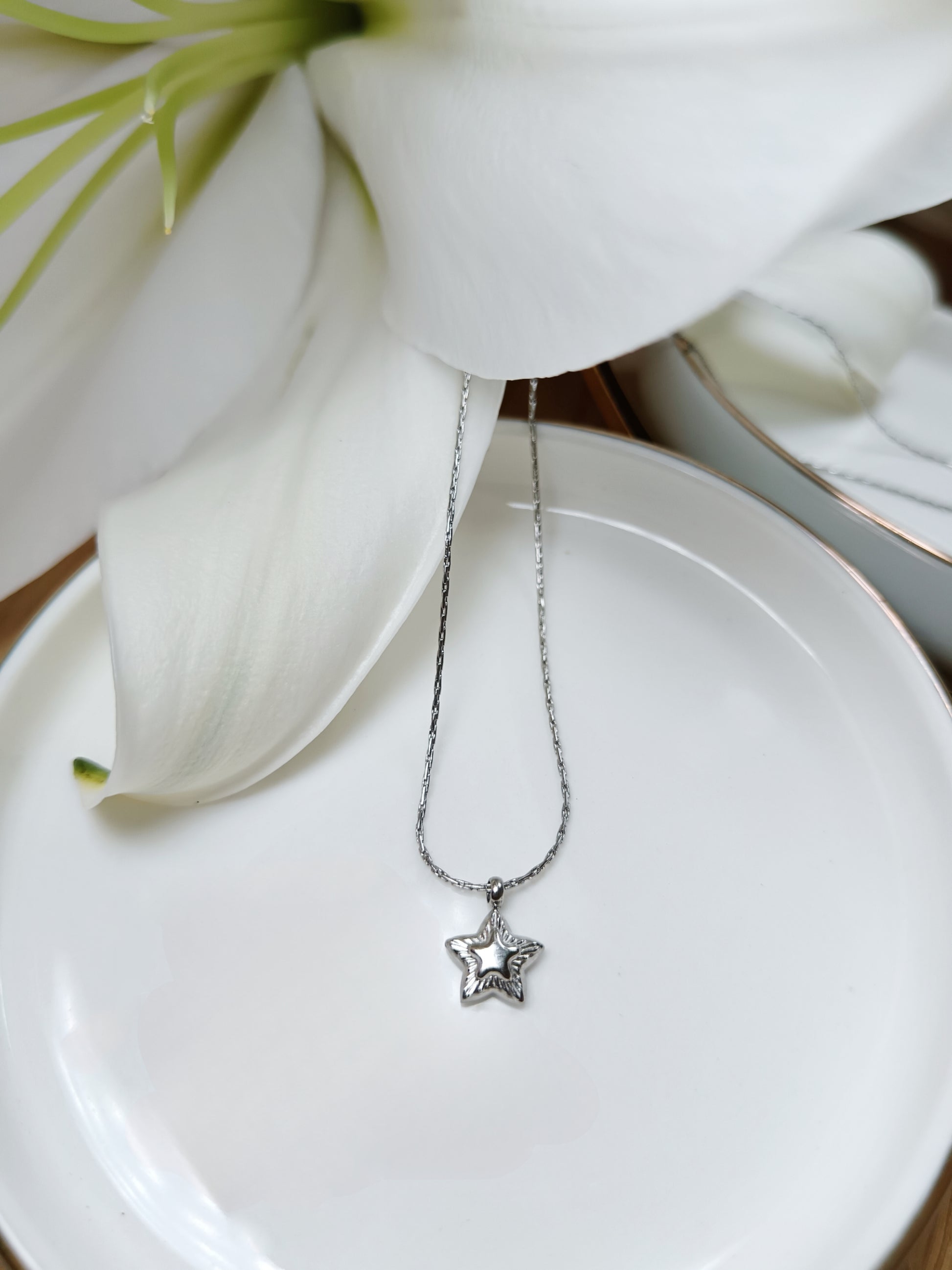 Collier chaîne fine Serpentine avec pendentif étoile  en acier inoxydable argent 