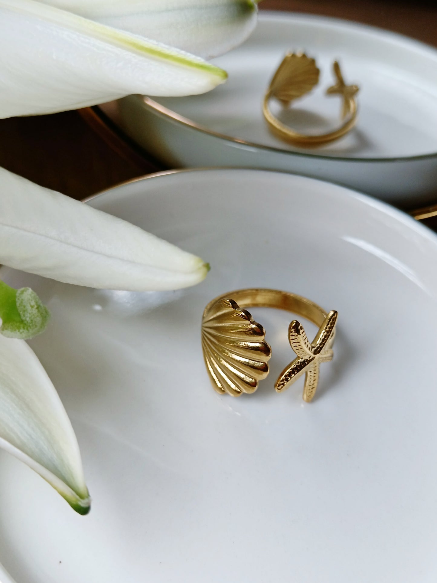Bague étoile de mer coquillage acier inoxydable doré 