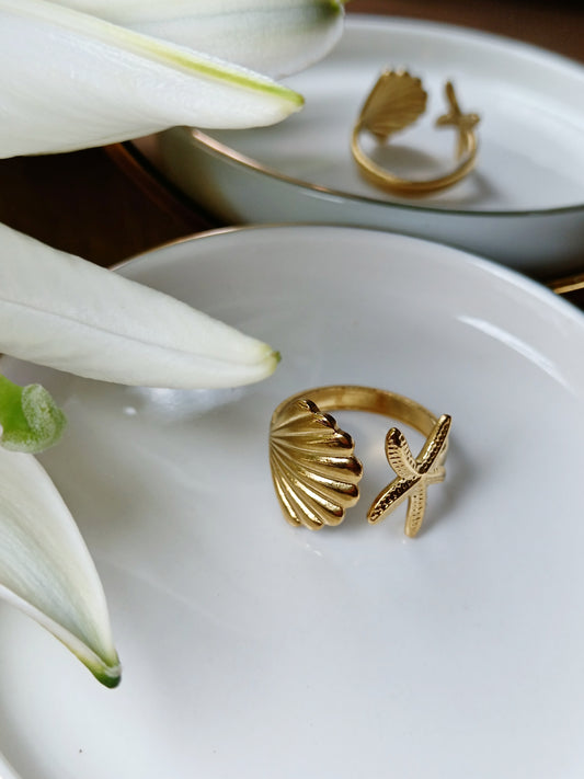 Bague étoile de mer coquillage acier inoxydable doré 