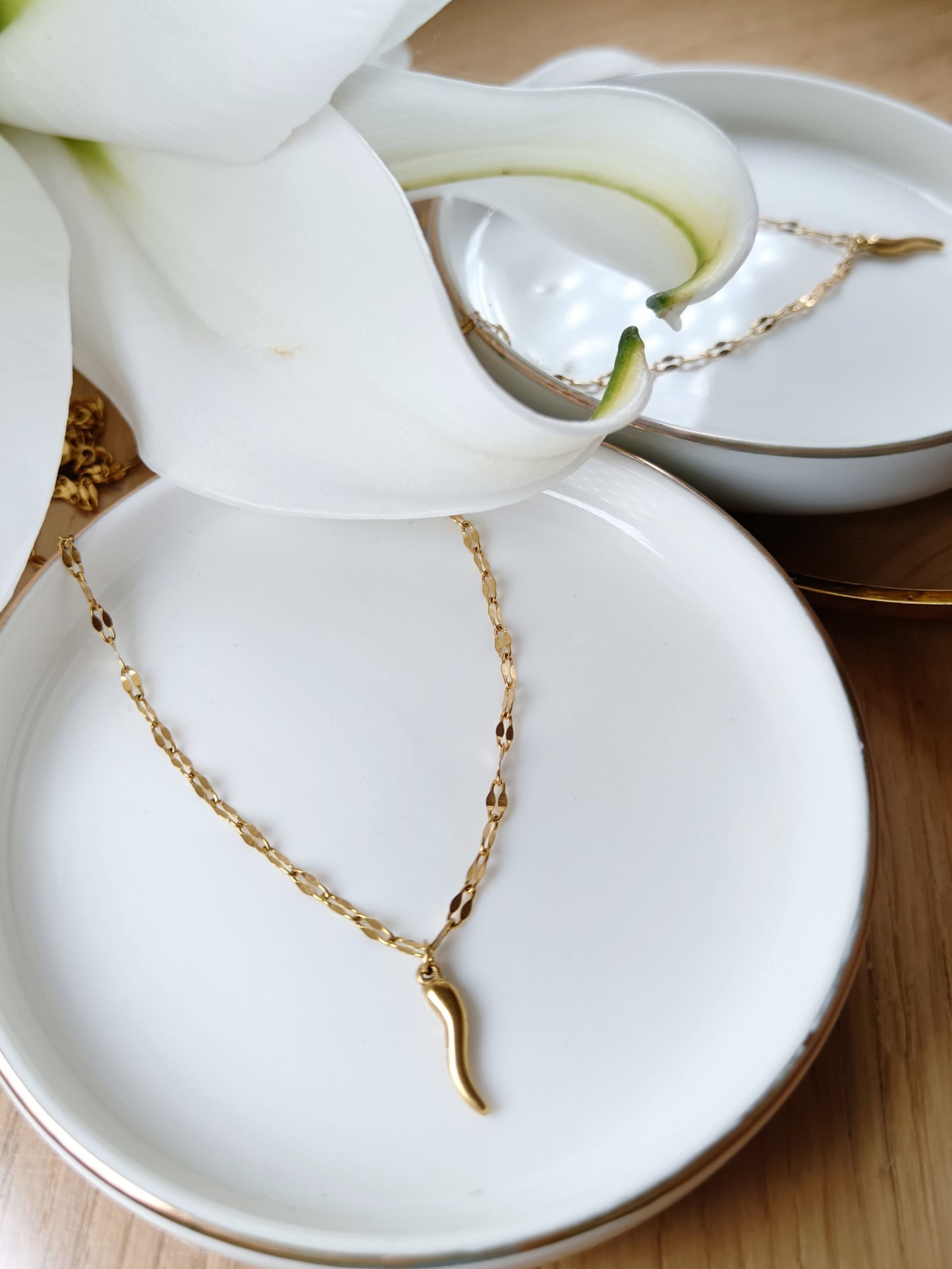 Collier cornicello piment porte bohneur en acier inoxydable doré 