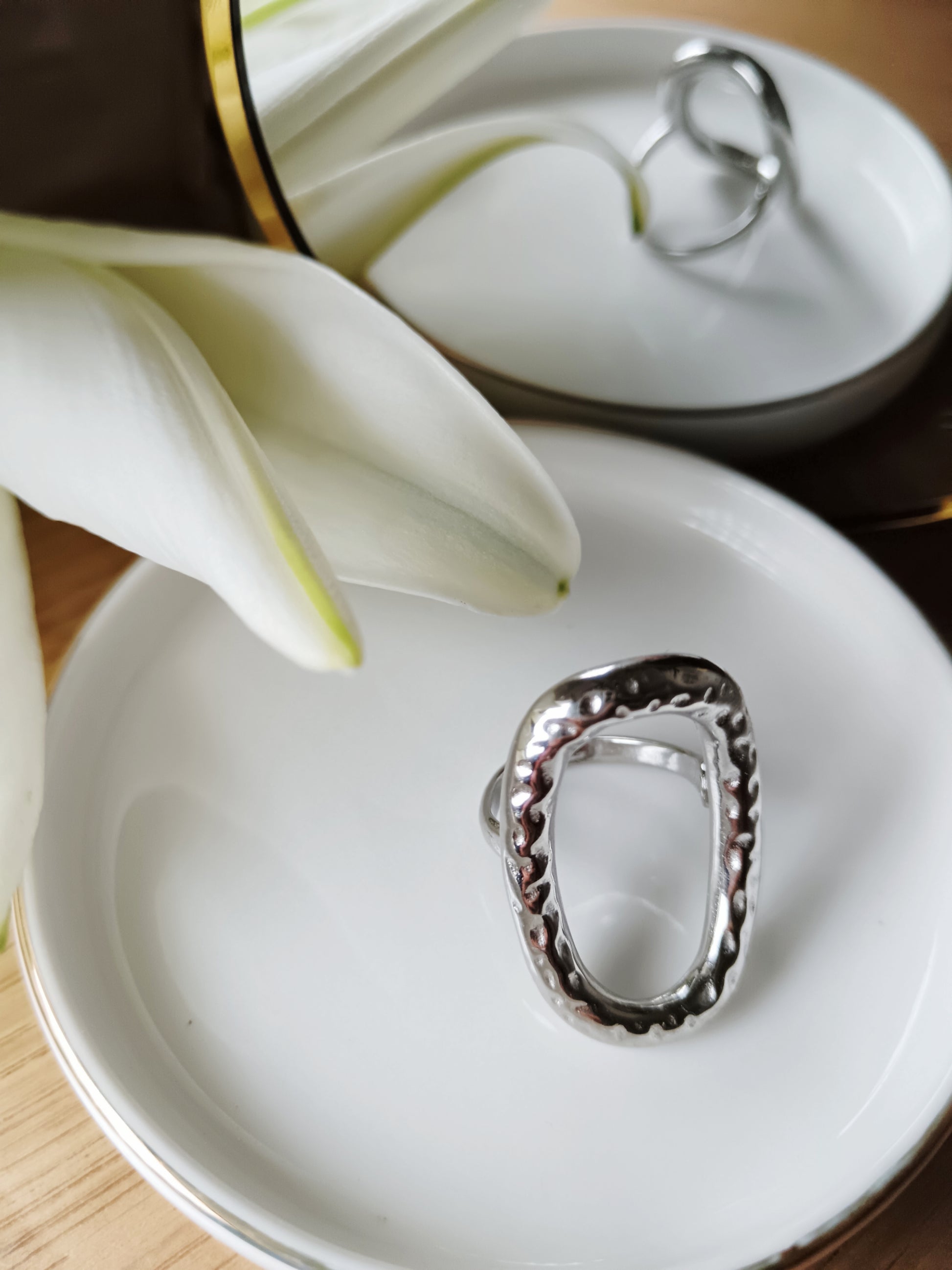 Bague ovale martelé argent Acier inoxydable