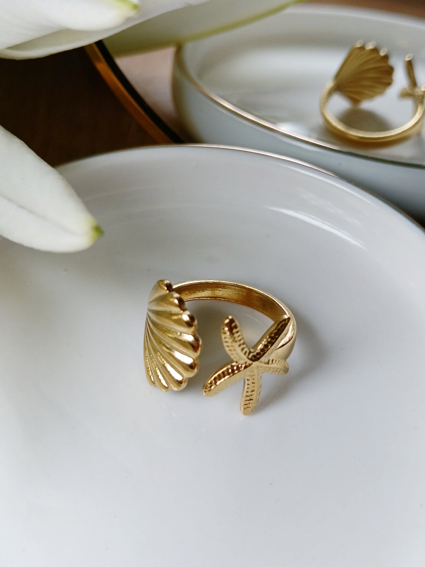 Bague étoile de mer coquillage acier inoxydable doré 
