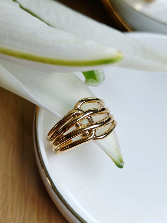 Bague lignes croisées en acier inoxydable doré réglable 