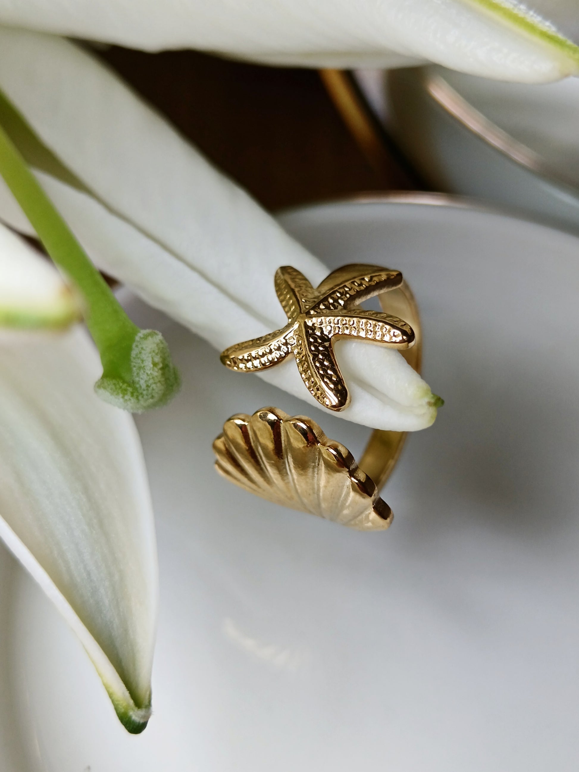 Bague étoile de mer coquillage acier inoxydable doré 