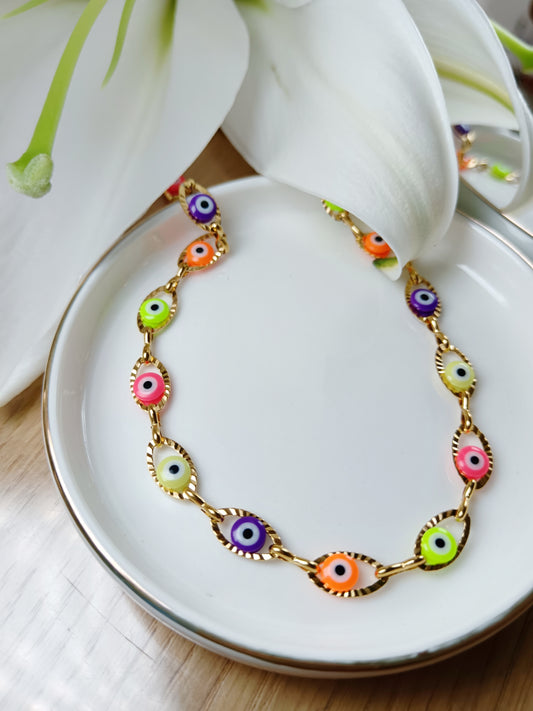 Collier Chaîne œil multicolore en acier inoxydable doré 