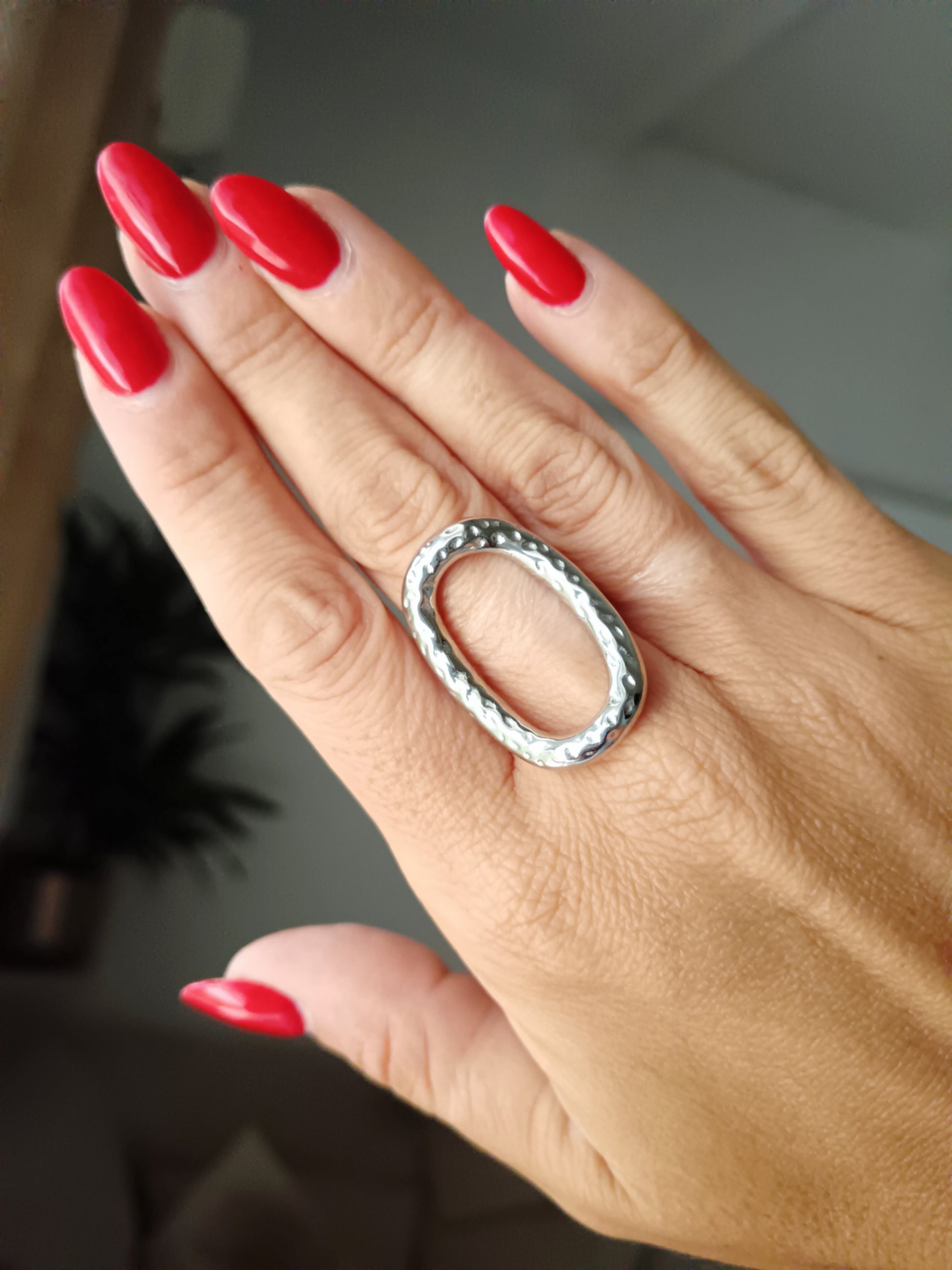 Bague ovale martelé argent Acier inoxydable